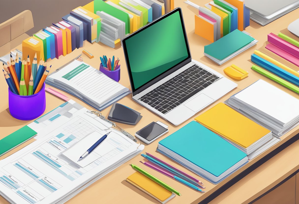 Teaching Resource Pricing: Effective Strategies for Setting Fair Value Teaching Resource Pricing,resources LearningMole A stack of colorful teaching resource pricing templates arranged on a desk with a laptop and a pen