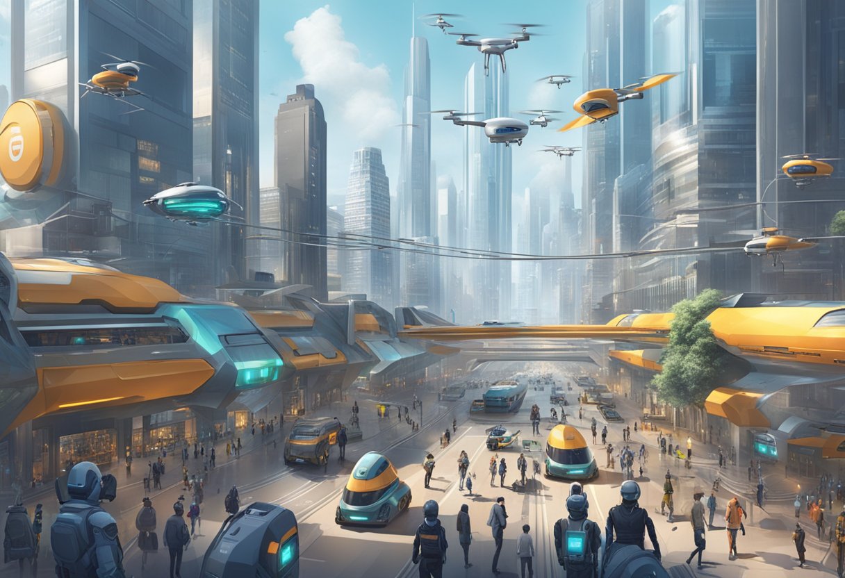 Essential Skills for an AI-Powered World: Thriving in the New Digital Landscape AI-powered world,artificial intelligence LearningMole Essential Skills for an AI-Powered World: A futuristic cityscape with AI-powered drones and robots working alongside humans in a bustling metropolis