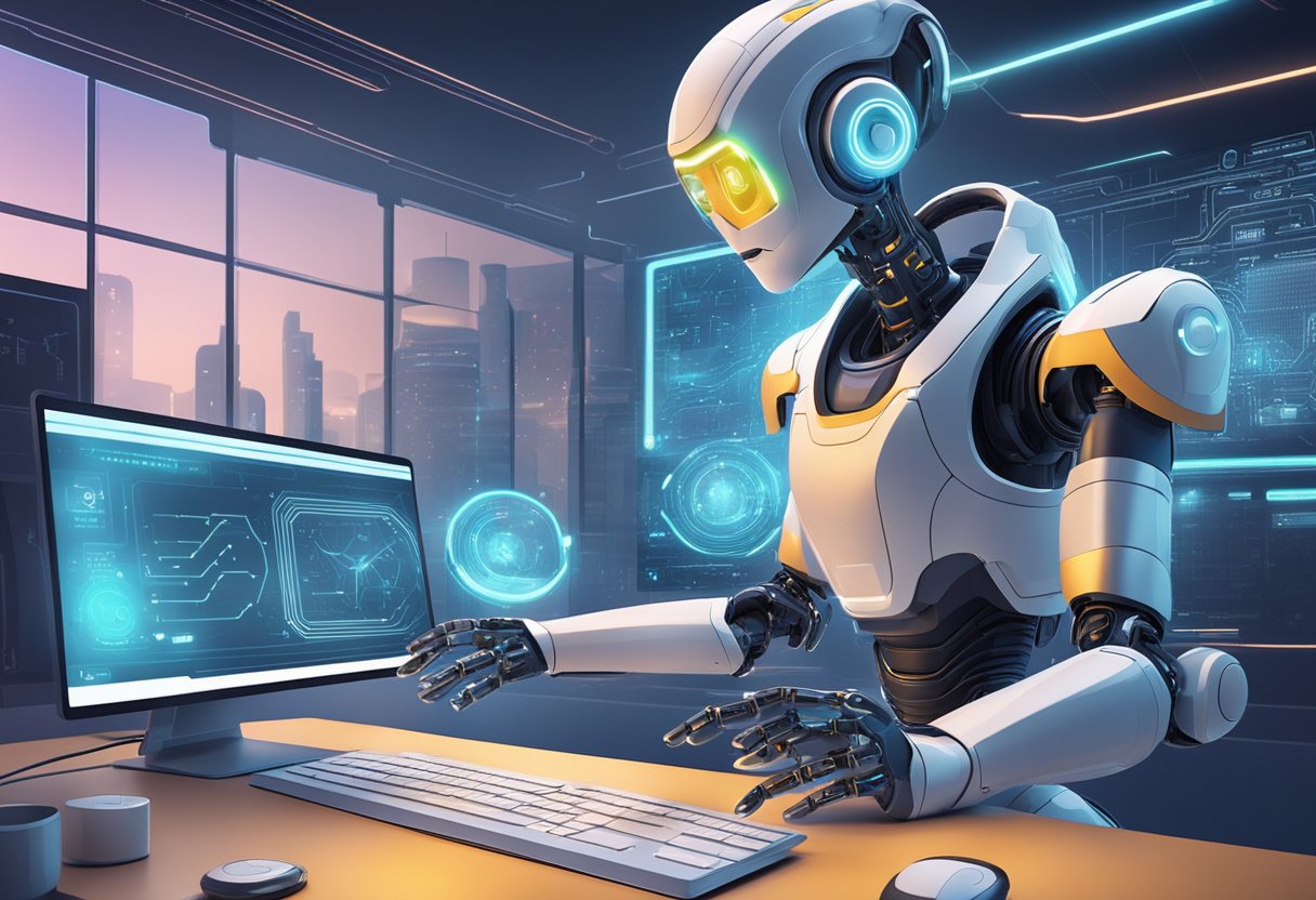 Essential Skills for an AI-Powered World: Thriving in the New Digital Landscape AI-powered world,artificial intelligence LearningMole Essential Skills for an AI-Powered World: A futuristic robot answering questions with a glowing AI interface surrounded by technology and digital screens