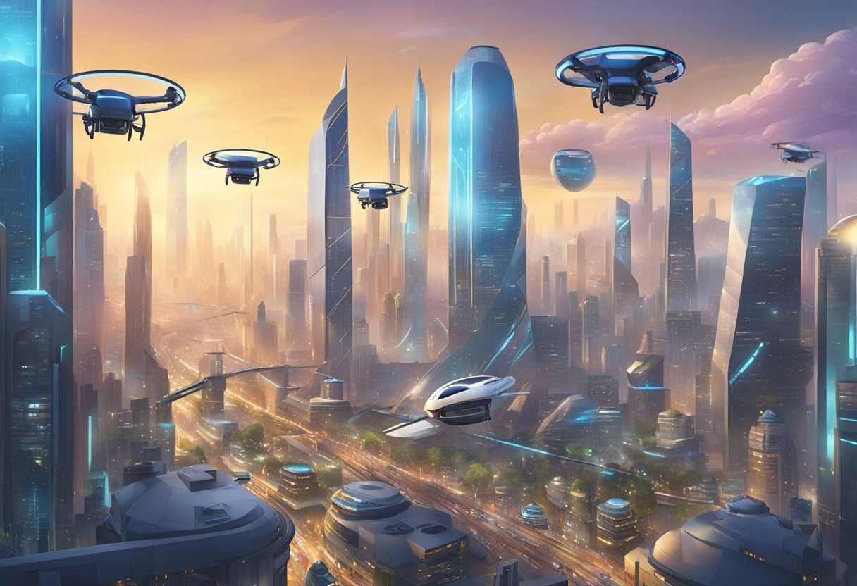 Creative Thinking in the Age of AI: Harnessing Human Ingenuity creative thinking,creativity LearningMole Creative Thinking in the Age of AI: A futuristic city skyline with AI-powered drones and robots working alongside humans in a bustling metropolis