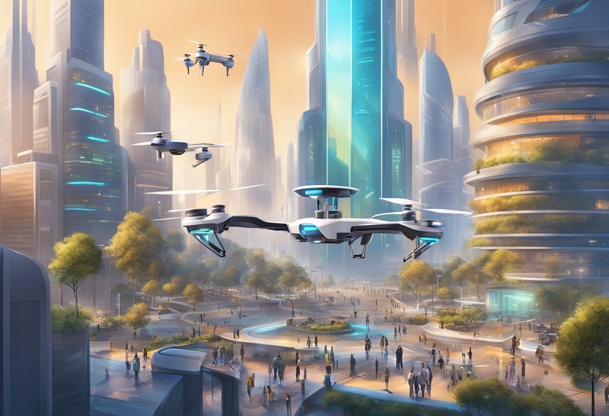Creative Thinking in the Age of AI: Harnessing Human Ingenuity creative thinking,creativity LearningMole Creative Thinking in the Age of AI: A futuristic cityscape with AI-powered drones and robots working alongside humans in a collaborative, innovative environment