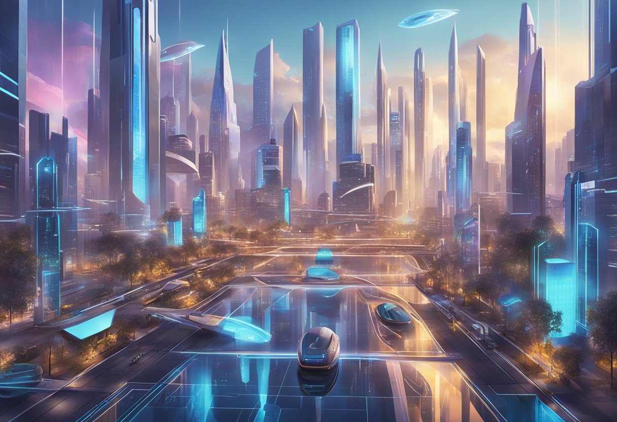 Creative Thinking in the Age of AI: Harnessing Human Ingenuity creative thinking,creativity LearningMole Creative Thinking in the Age of AI: A futuristic cityscape with holographic displays and AI-powered devices interacting with imaginative elements