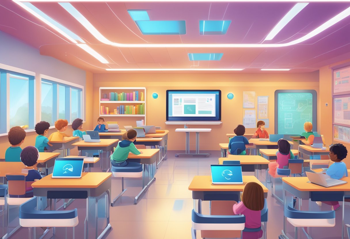 Personalised Reading Programs Using AI: Tailoring Literacy to Individual Needs personalised reading,reading LearningMole Personalised Reading Programs Using AI: A futuristic classroom with AI-powered tablets and personalized reading programs for each student