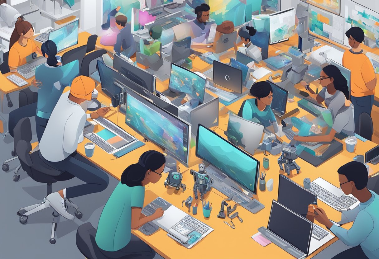 AI Art Projects for Students: Engaging Ideas for Creative Learning AI art,ai tool,art and ai LearningMole AI Art Projects for Students: A group of students working on AI art projects, surrounded by computers, robots, and various art supplies