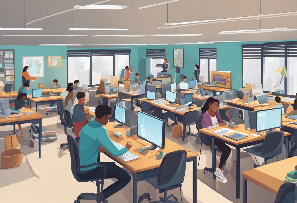 AI Art Projects for Students: Engaging Ideas for Creative Learning AI art,ai tool,art and ai LearningMole AI Art Projects for Students: A classroom setting with students working on AI art projects, surrounded by computers and creative materials