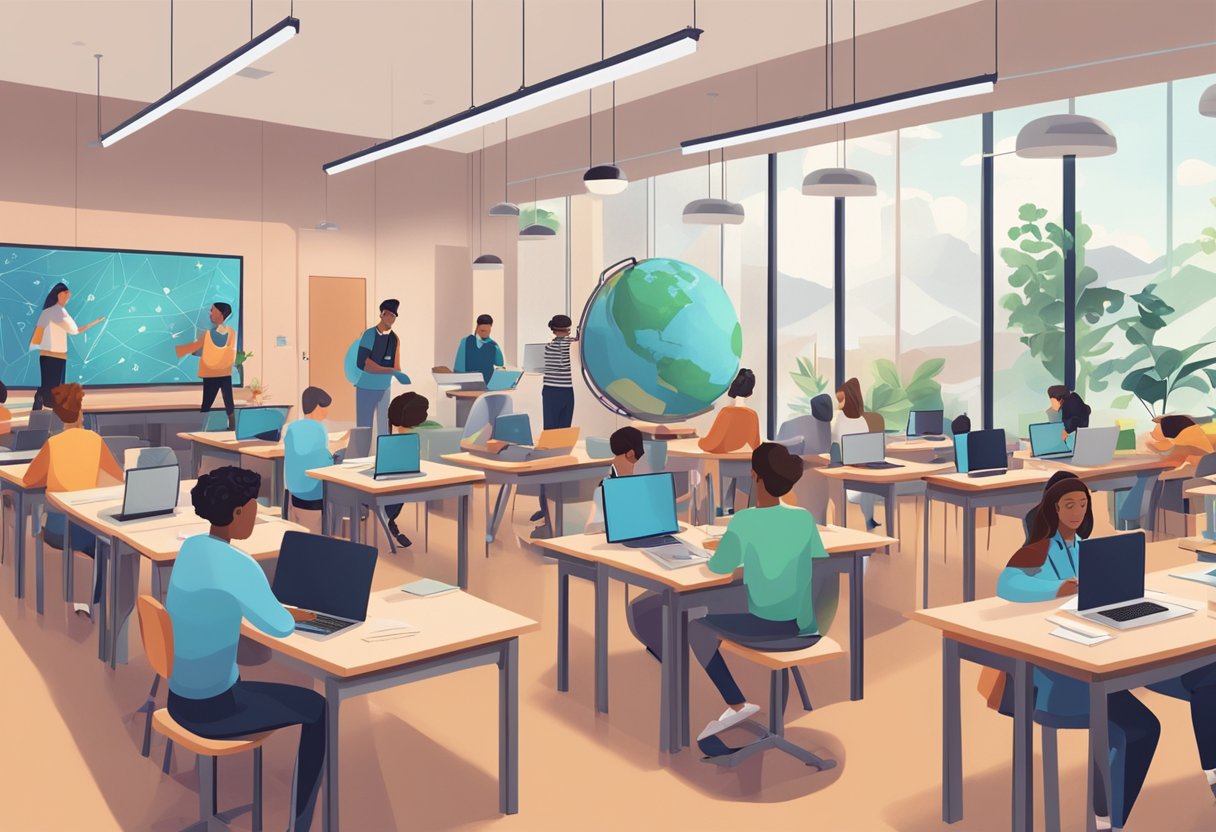 AI Art Projects for Students: Engaging Ideas for Creative Learning AI art,ai tool,art and ai LearningMole AI Art Projects for Students: A classroom with students working on AI art projects, surrounded by ethical and privacy-related imagery