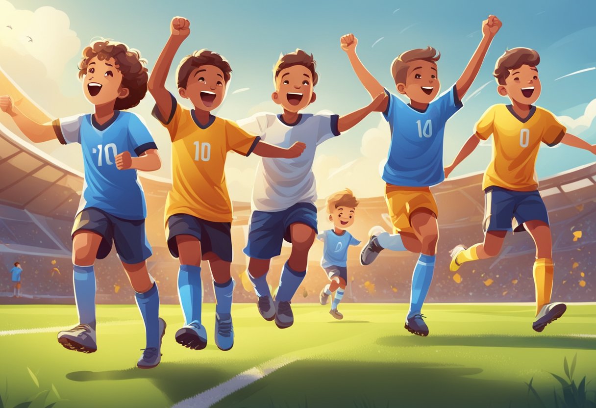 Sports Quotes for Kids: Inspiring Young Athletes sports quotes,child LearningMole A group of kids celebrating on a soccer field, cheering and high-fiving after scoring a goal