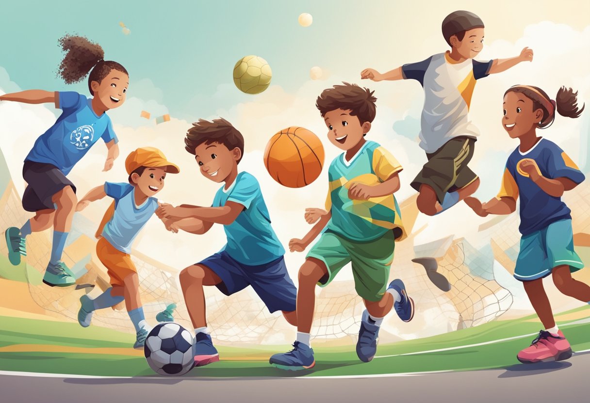 Sports Quotes for Kids: Inspiring Young Athletes sports quotes,child LearningMole A group of children playing various sports, surrounded by motivational quotes and symbols of growth and development