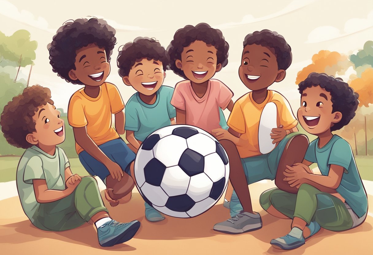 Football Quotes for Kids: Inspiring Sayings to Motivate Young Players Football Quotes,player,sport LearningMole A group of children gathered around a football, laughing and playing together, surrounded by quotes about teamwork and sportsmanship