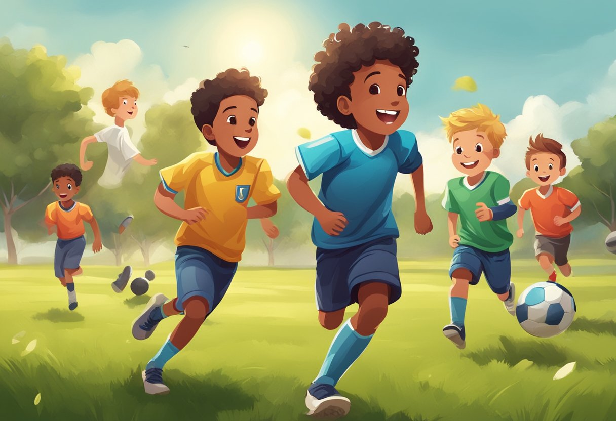 Football Quotes for Kids: Inspiring Sayings to Motivate Young Players Football Quotes,player,sport LearningMole A group of kids playing football, with a ball flying through the air and players running and laughing on a grassy field