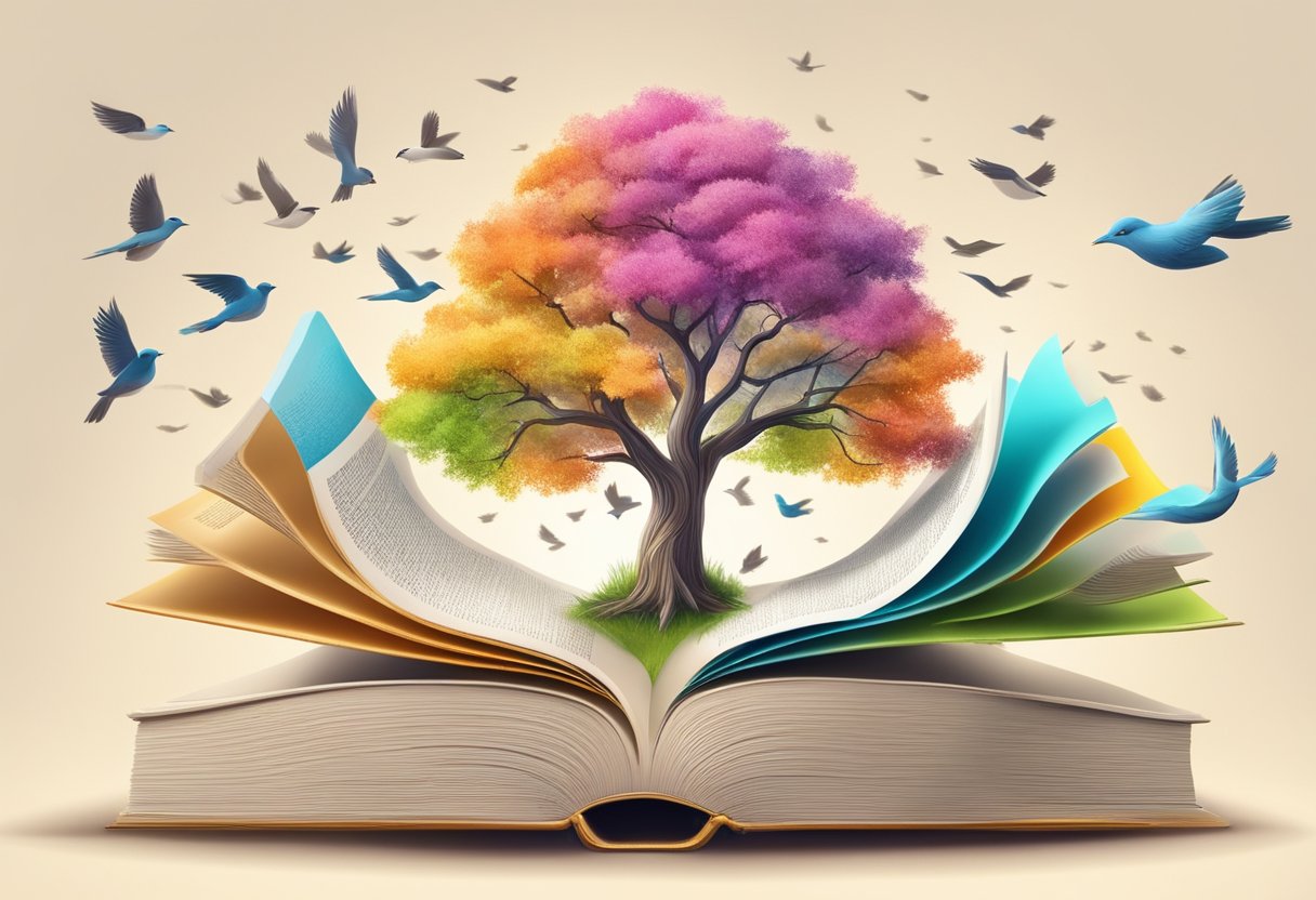 Short Inspirational Quotes for Kids: Empowering Young Minds Short inspirational quotes,quote,power LearningMole A colorful tree growing from a book, surrounded by smaller books with open pages and flying birds