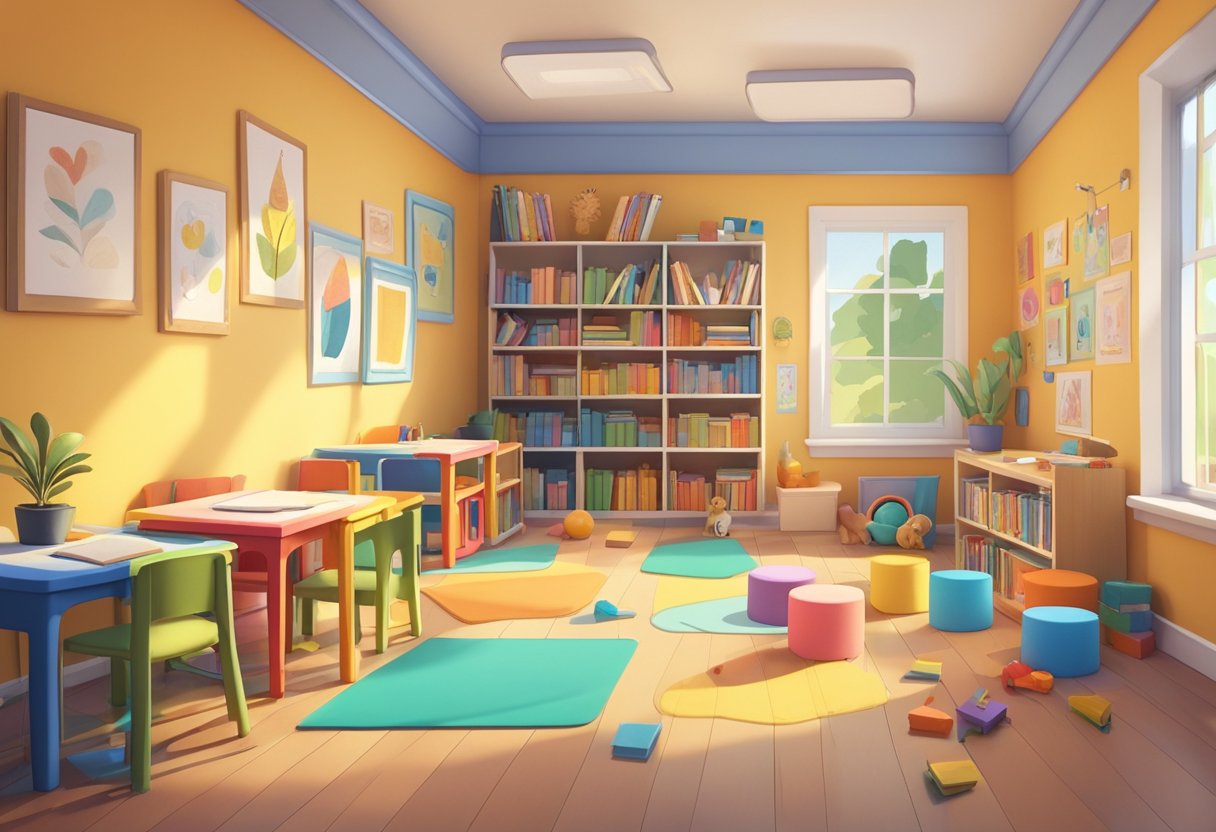 Colorful classroom with tiny chairs and tables, toys scattered on the floor, and artwork displayed on the walls. A small bookshelf filled with picture books and a cozy reading nook in the corner