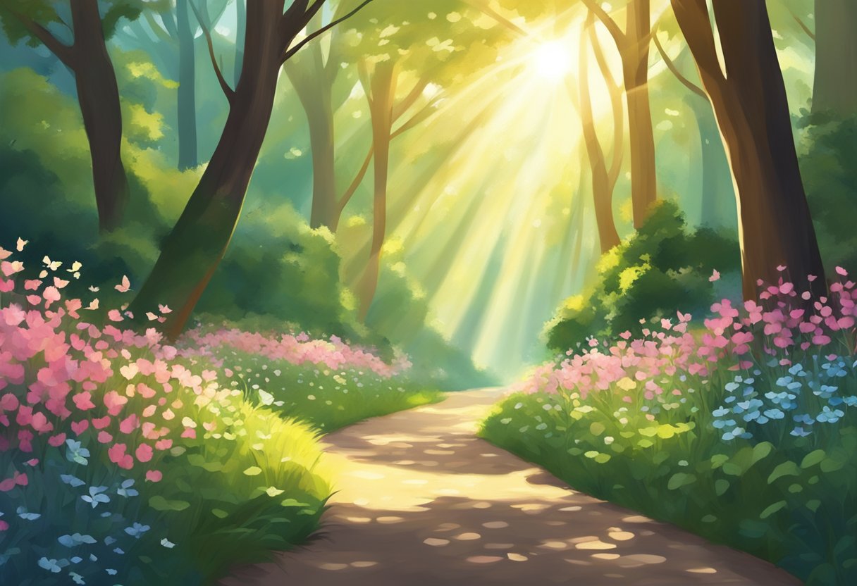 Encouraging Quotes to Uplift and Inspire Your Daily Life encouraging quotes,quote,life,change LearningMole A serene forest with sunlight filtering through the trees, casting dappled shadows on a winding path, with a single butterfly fluttering among the flowers