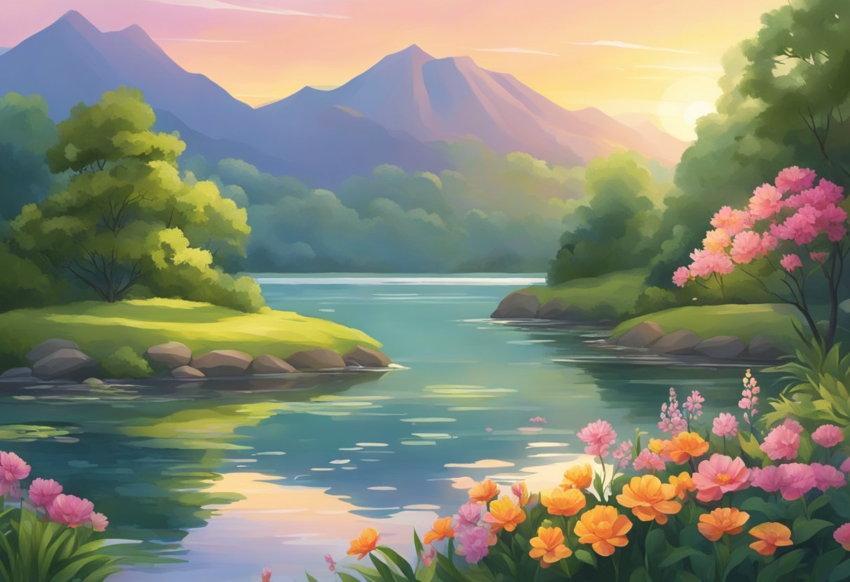 Encouraging Quotes to Uplift and Inspire Your Daily Life encouraging quotes,quote,life,change LearningMole A serene landscape with a sunrise over a calm body of water, surrounded by lush greenery and vibrant flowers