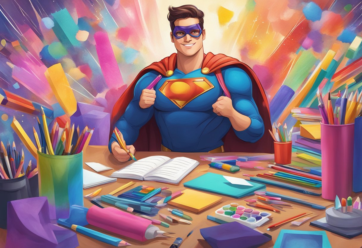 Superhero Quotes for Kids: Inspiring Words for Young Heroes Superhero Quotes,hero LearningMole A superhero surrounded by colorful art supplies, spreading kindness with uplifting quotes