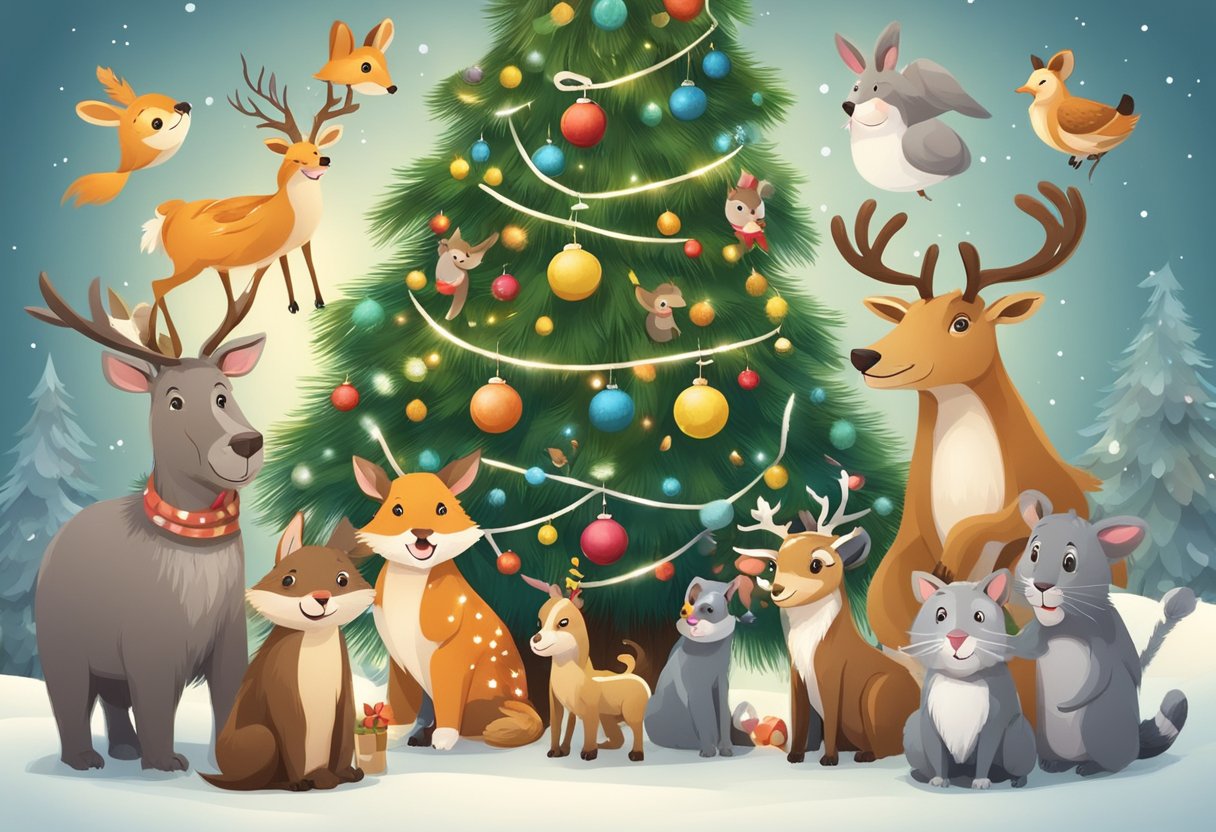 Funny Christmas Quotes for Kids: Spreading Holiday Cheer with Giggles! funny Christmas quotes,humour LearningMole A group of playful animals gathered around a festive Christmas tree, laughing and sharing funny Christmas quotes