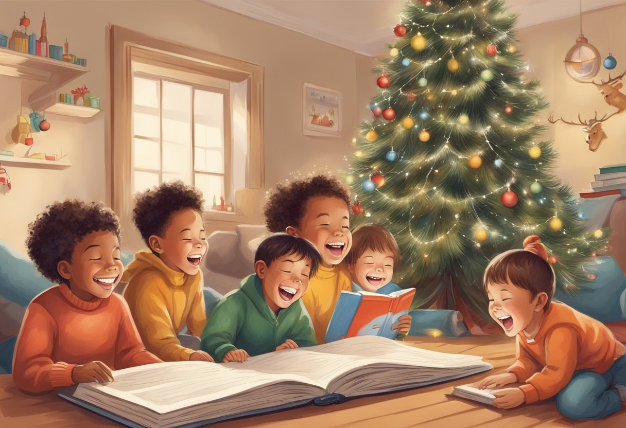 Funny Christmas Quotes for Kids: Spreading Holiday Cheer with Giggles! funny Christmas quotes,humour LearningMole Children laughing around a Christmas tree, reading and sharing funny quotes from a book