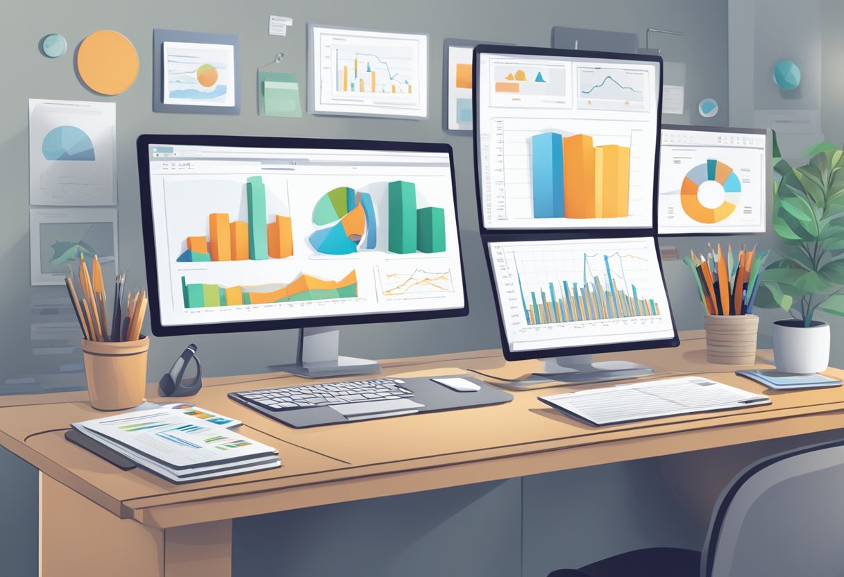 Assessment Tools: Guide to Enhancing Educational Outcomes assessment tools,assessments LearningMole Assessment Tools: A desk with a computer screen displaying charts and graphs, surrounded by various assessment tools such as surveys, questionnaires, and data analysis software