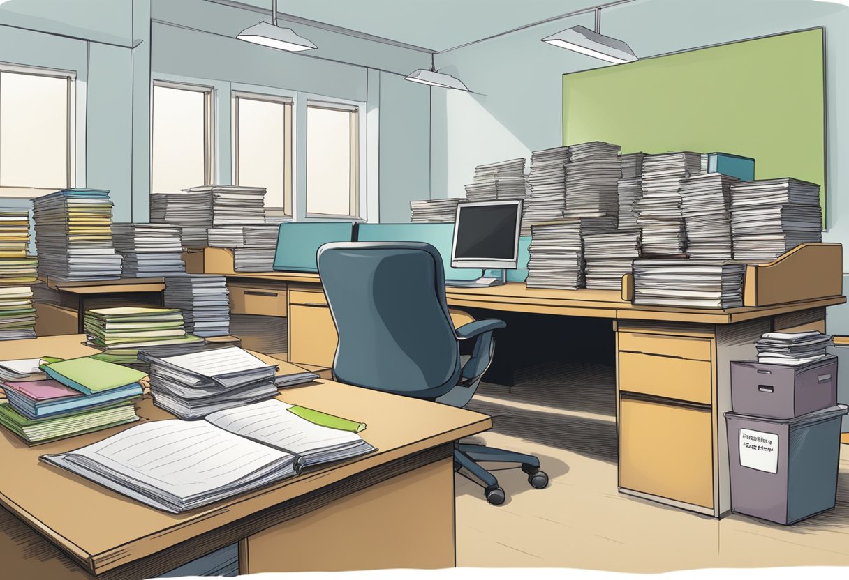 Pupil Progress Reports: How to Effectively Track Academic Achievements pupil progress,progress LearningMole Pupil Progress Reports: A teacher's desk with a computer displaying pupil progress reports, surrounded by files and folders labeled "Legal" and "Privacy."