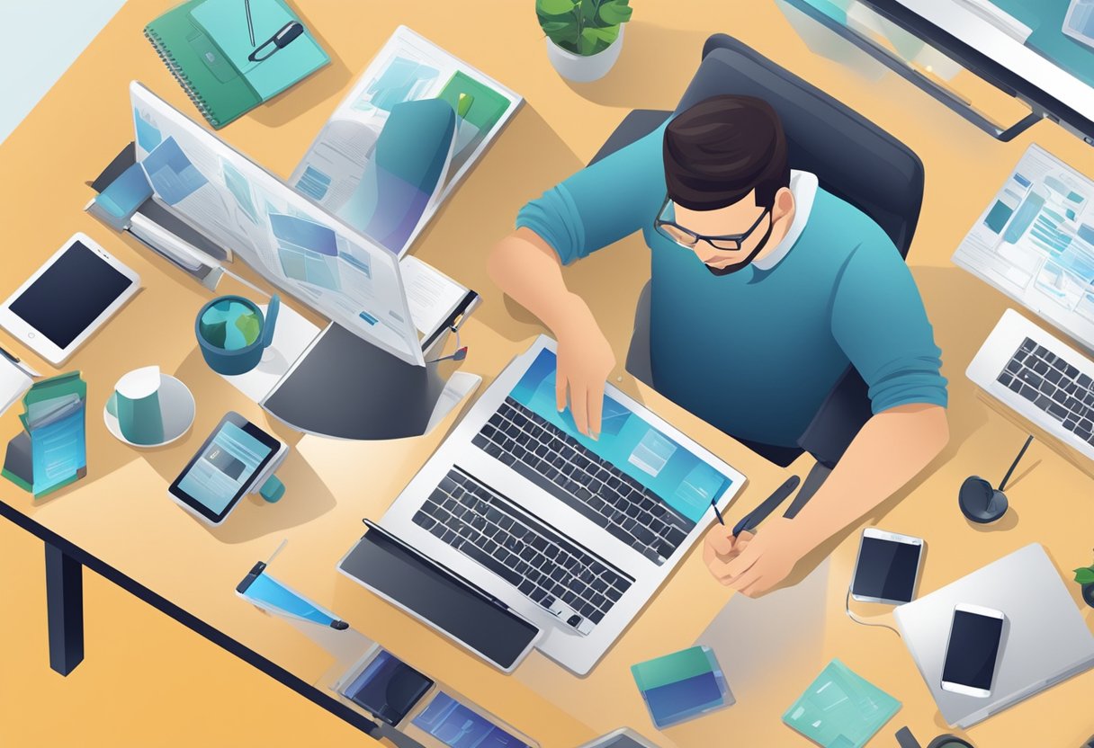 Digital Literacy Lessons: Essential Skills for the Modern Age digital literacy,online LearningMole Digital Literacy Lessons: A person using a tablet and smartphone while sitting at a desk with a laptop, surrounded by various digital tools and devices