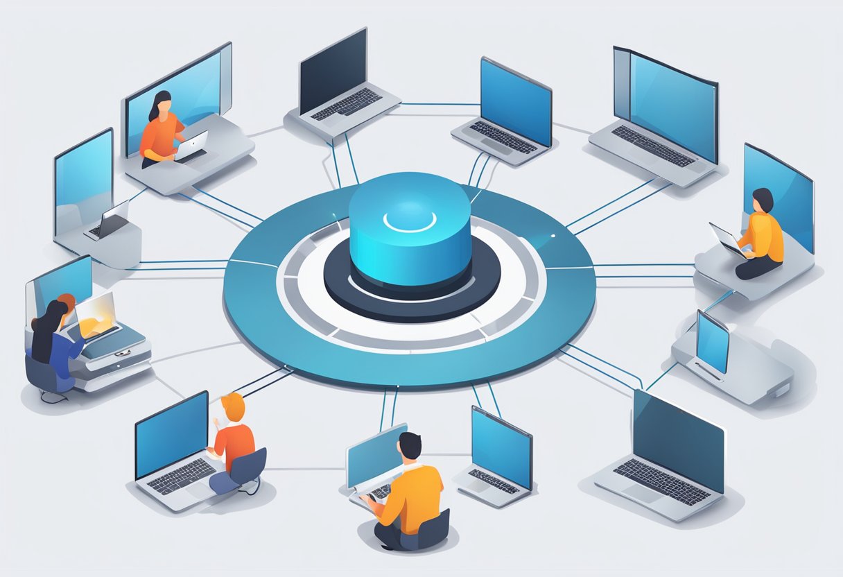 Online Safety Primary Education: Navigating the Digital World Safely online safety,security,privacy LearningMole Online Safety Primary Education: A group of interconnected devices forming a protective shield around a central hub, representing support networks for safe online experiences
