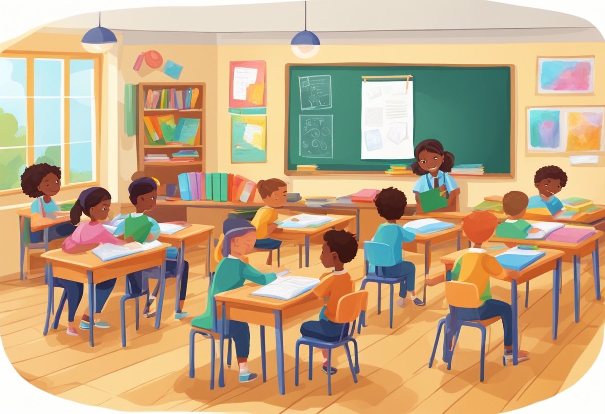 CPD Resources for Primary Teachers: Enhancing Classroom Skills CPD,primary education LearningMole CPD Resources for Primary Teachers: A colorful classroom with books, writing materials, and educational posters. A teacher leads a literacy workshop for primary school educators