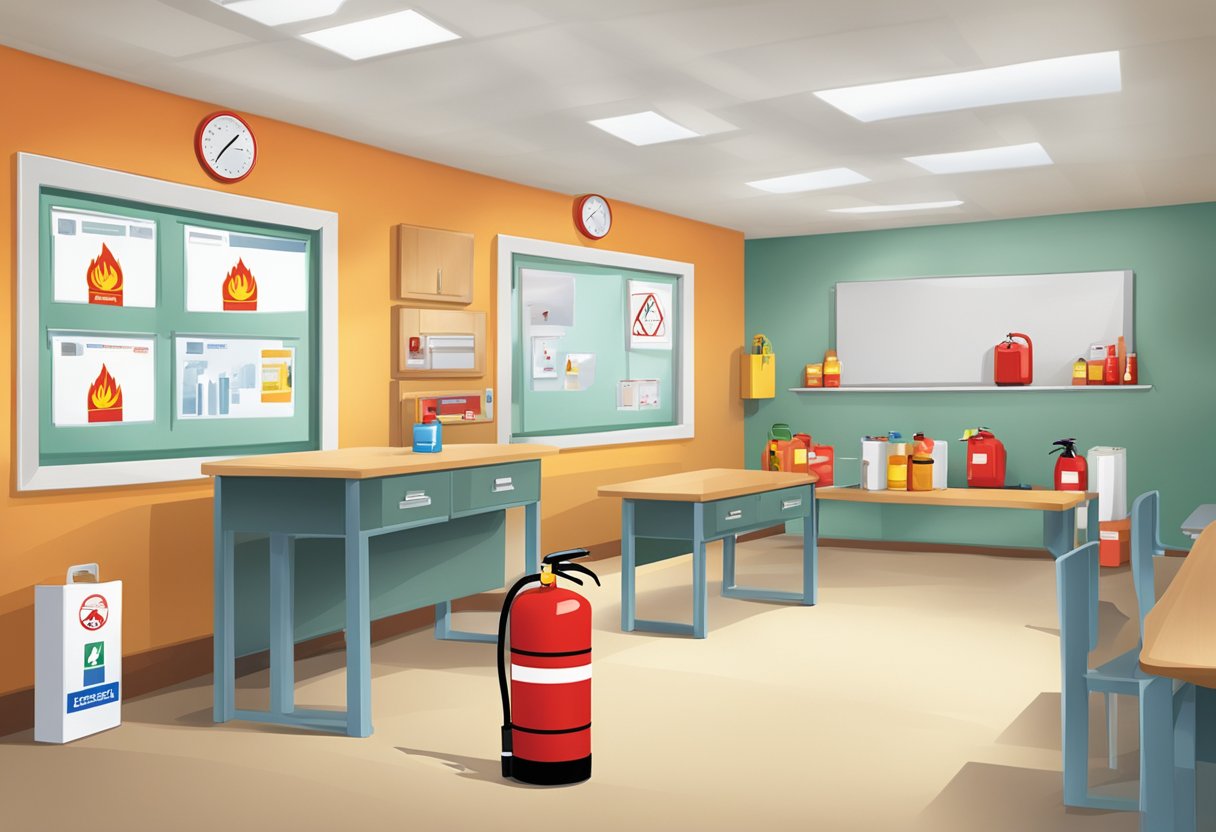 CPD Resources for Primary Teachers: Enhancing Classroom Skills CPD,primary education LearningMole CPD Resources for Primary Teachers: A classroom setting with safety equipment such as fire extinguisher, first aid kit, and safety signs displayed on the walls
