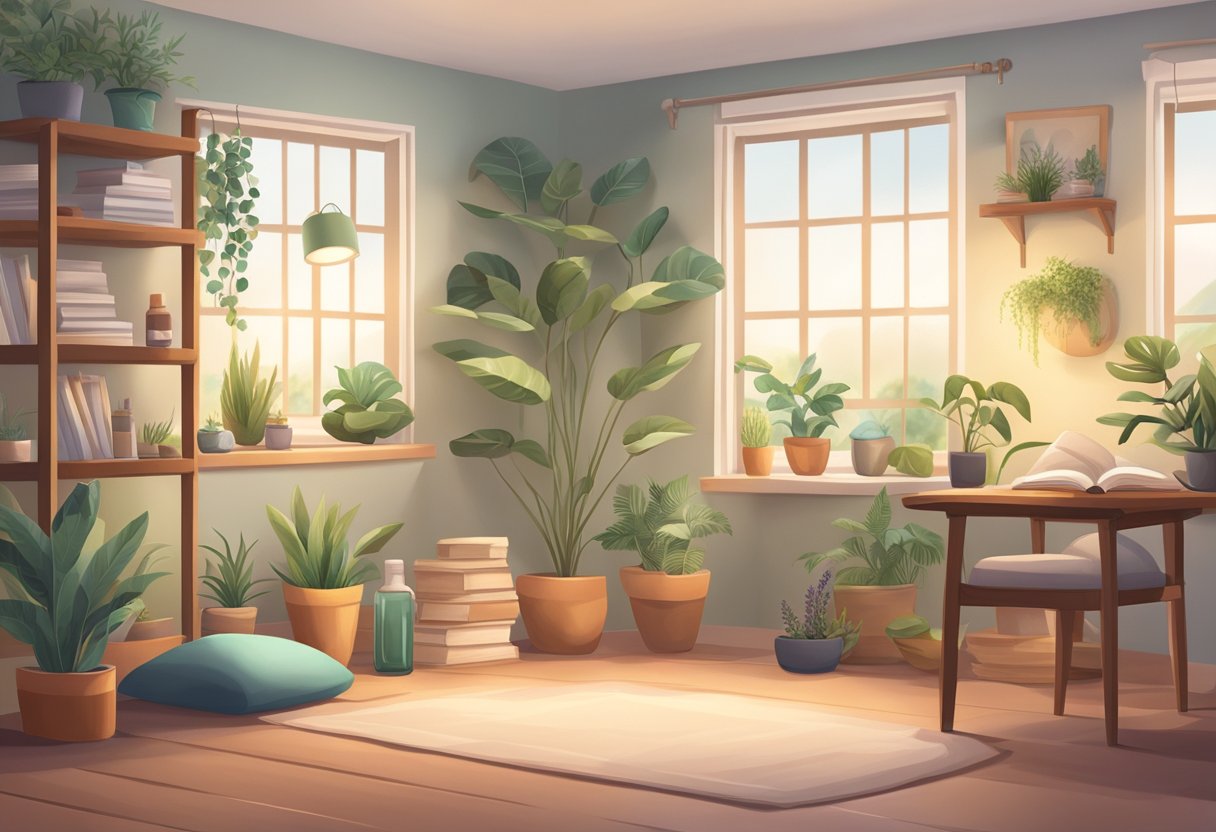 CPD Resources for Primary Teachers: Enhancing Classroom Skills CPD,primary education LearningMole CPD Resources for Primary Teachers: A peaceful classroom with a cozy reading nook, soft lighting, and a variety of calming resources such as plants, essential oils, and relaxation tools