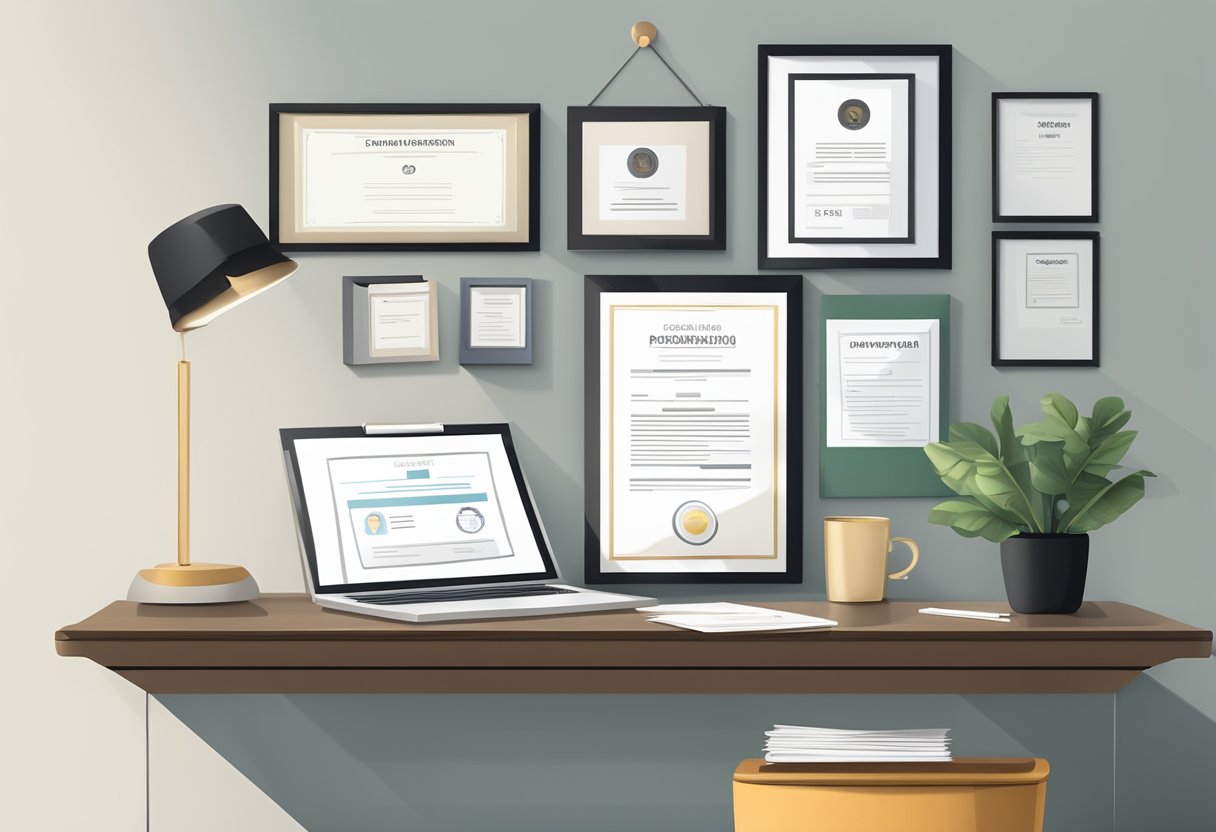 Professional Standards Guide: Navigating Ethical Conduct in Business professional standards,professional LearningMole Professional Standards Guide: A sleek, modern office desk with a neatly organized stack of papers, a laptop, and a cup of coffee. A framed certificate of professional standards hangs on the wall behind the desk