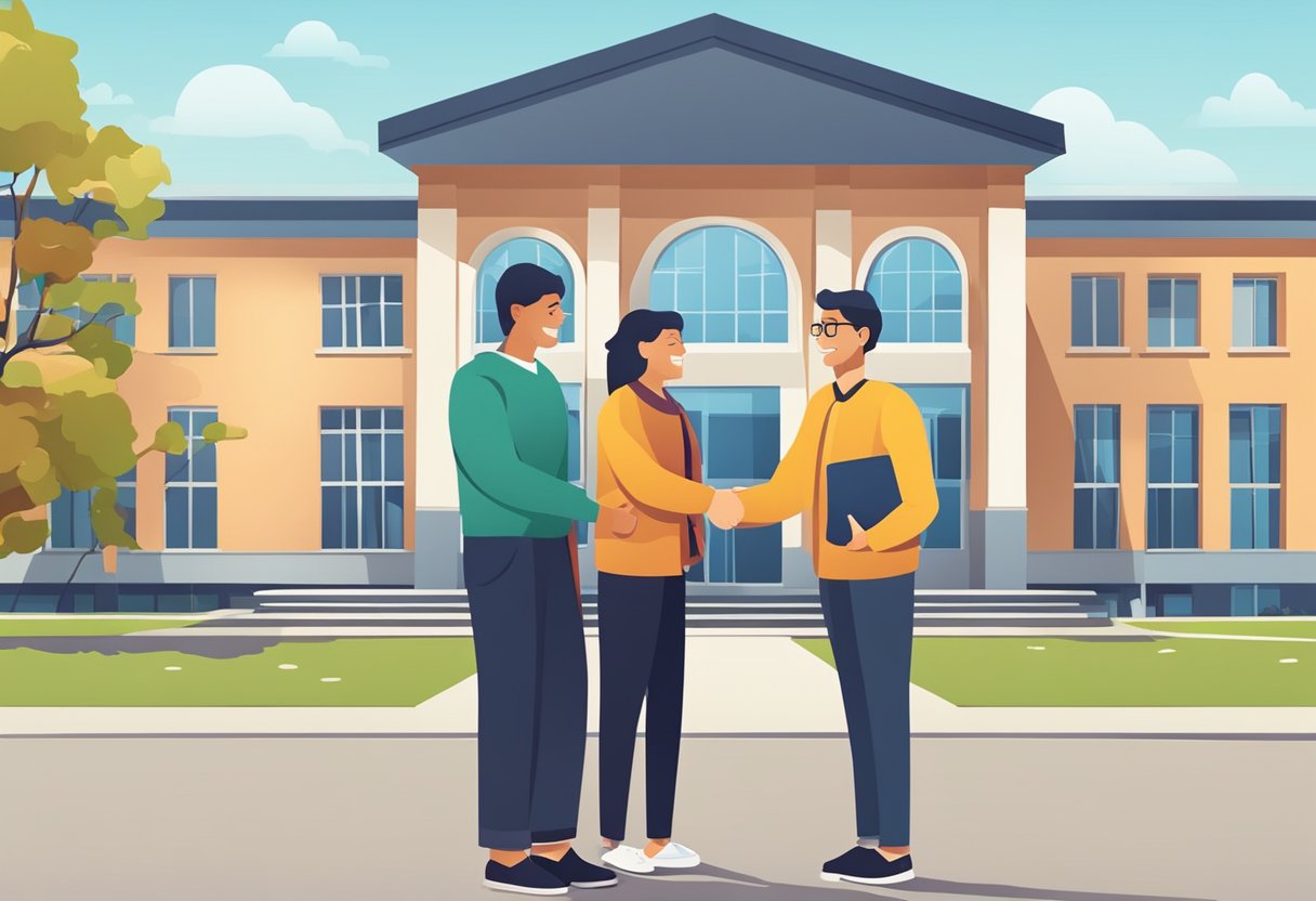 Home-School Agreement: Fostering a Positive Educational Partnership home-school agreement,education LearningMole A parent and a teacher shaking hands in front of a school building