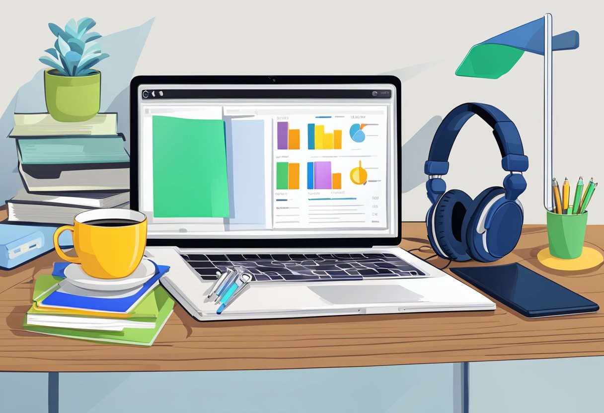 Basic Vocabulary Sheets: Your Guide to Essential Words Basic Vocabulary Sheets,learning LearningMole A desk with a laptop, notebook, and pen. A stack of basic vocabulary sheets next to a tablet and headphones