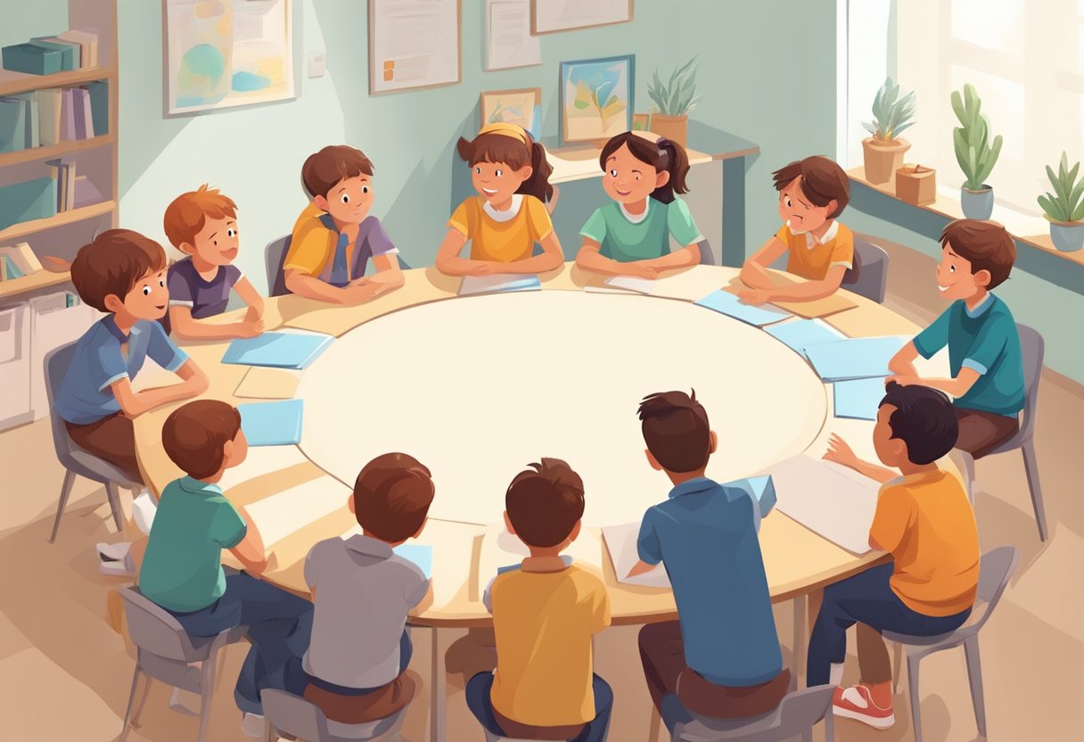 Drama Activities KS2: Engaging Ideas for Key Stage 2 Pupils Drama Activities,KS2,Drama session LearningMole Drama Activities KS2: Children in a circle, acting out a scene with expressive gestures and facial expressions. A teacher watches, giving feedback and guidance