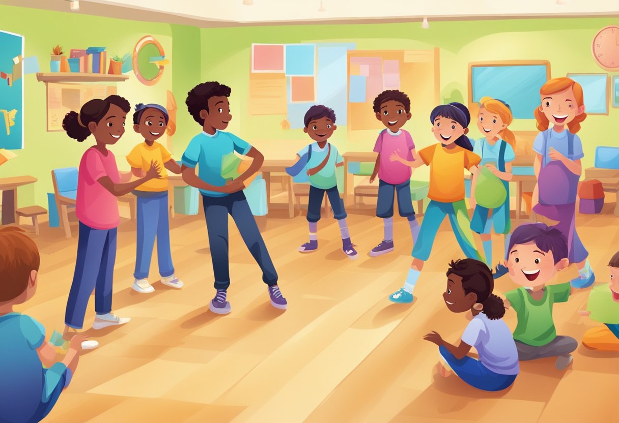 Drama Activities KS2: Engaging Ideas for Key Stage 2 Pupils Drama Activities,KS2,Drama session LearningMole Drama Activities KS2: A group of children engaged in various drama activities, including improvisation, role-playing, and storytelling, in a colorful and dynamic classroom setting