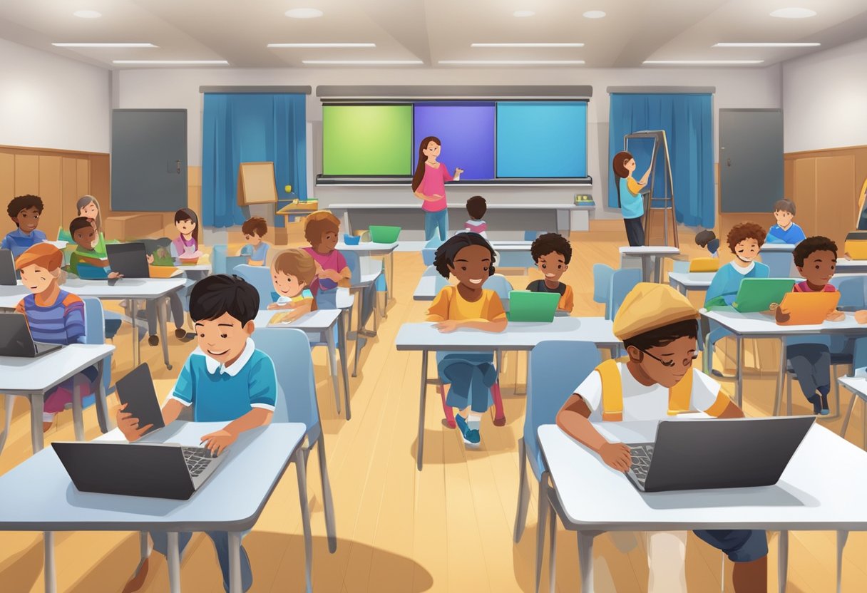 Drama Activities KS2: Engaging Ideas for Key Stage 2 Pupils Drama Activities,KS2,Drama session LearningMole Drama Activities KS2: A group of children using tablets and laptops to create digital backdrops for a school play, while others rehearse their lines on a stage