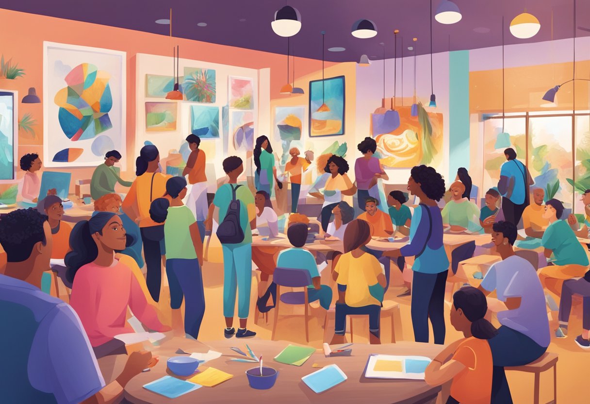 Creative Arts Planning - Essential Strategies for Success creative art,arts LearningMole Creative Arts Planning: A group of people of all ages gather in a vibrant community space, surrounded by colorful artwork and engaging in various creative activities