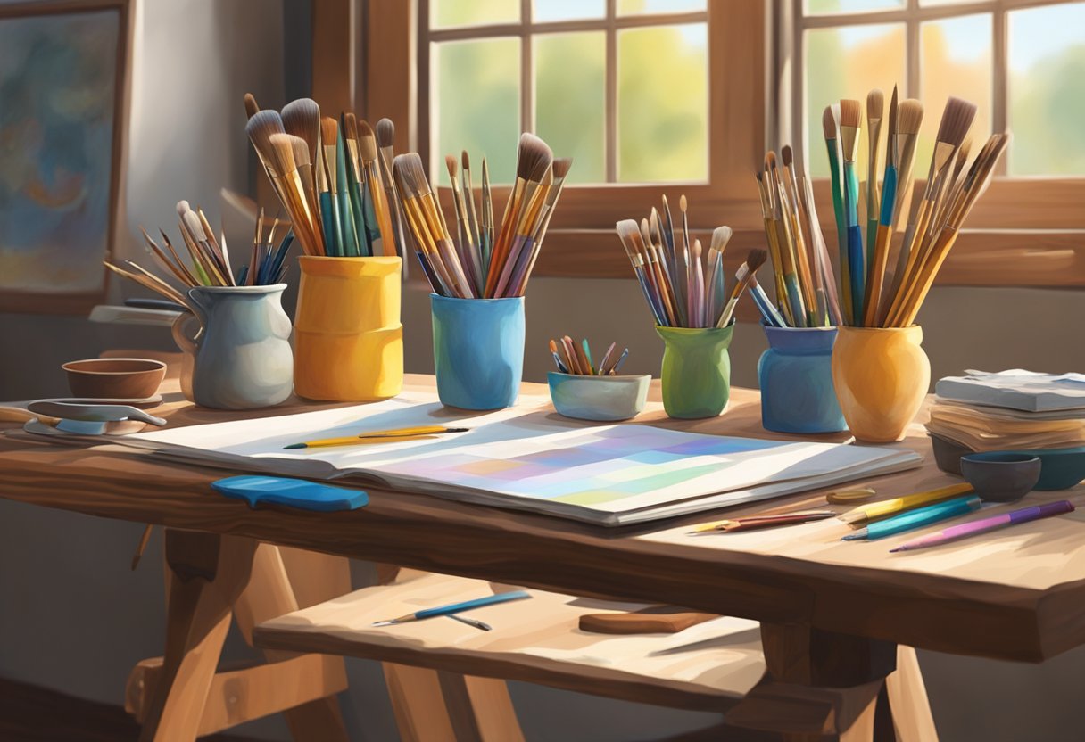 Visual Arts Curriculum: Key Components for Comprehensive Learning visual art LearningMole Visual Arts Curriculum: A colorful palette of paintbrushes, pencils, and clay sits on a wooden table surrounded by sketches, paintings, and sculptures. A window lets in natural light, illuminating the creative workspace