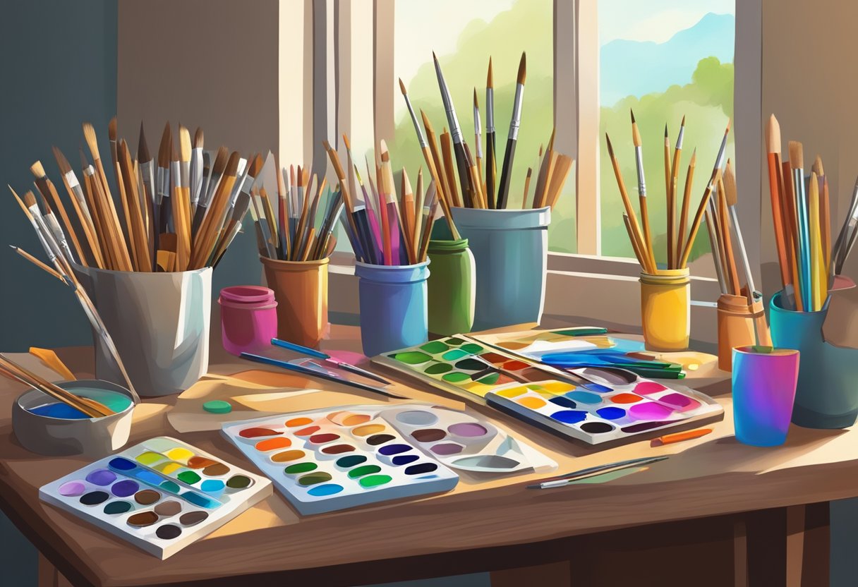 Visual Arts Curriculum: Key Components for Comprehensive Learning visual art LearningMole Visual Arts Curriculum: A colorful array of art supplies scattered on a table, including paintbrushes, palettes, canvases, and pencils. A blank easel stands ready for creation
