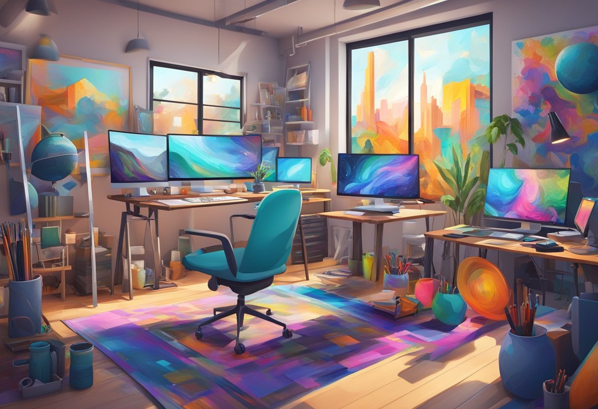 Visual Arts Curriculum: Key Components for Comprehensive Learning visual art LearningMole Visual Arts Curriculum: A modern art studio filled with various technological tools and equipment, such as digital drawing tablets, 3D printers, and virtual reality headsets, surrounded by vibrant and abstract artwork on the walls