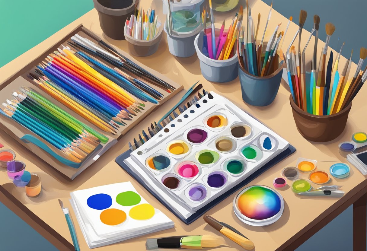 Visual Arts Curriculum: Key Components for Comprehensive Learning visual art LearningMole Visual Arts Curriculum: A colorful array of art supplies and resources arranged on a desk, including paintbrushes, palettes, sketchbooks, and reference books