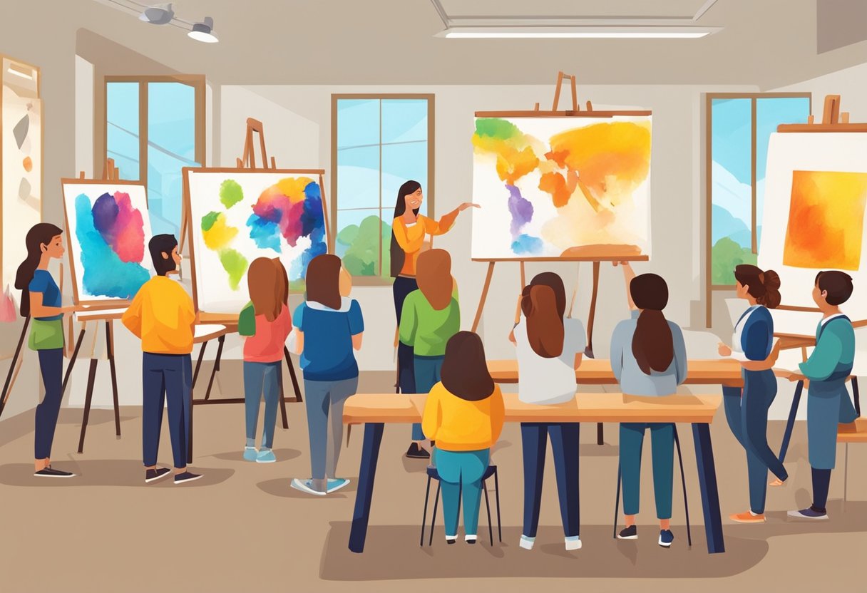Visual Arts Curriculum: Key Components for Comprehensive Learning visual art LearningMole Visual Arts Curriculum: A classroom with art supplies, easels, and colorful paintings on the walls. A teacher is explaining visual arts concepts to a group of engaged students