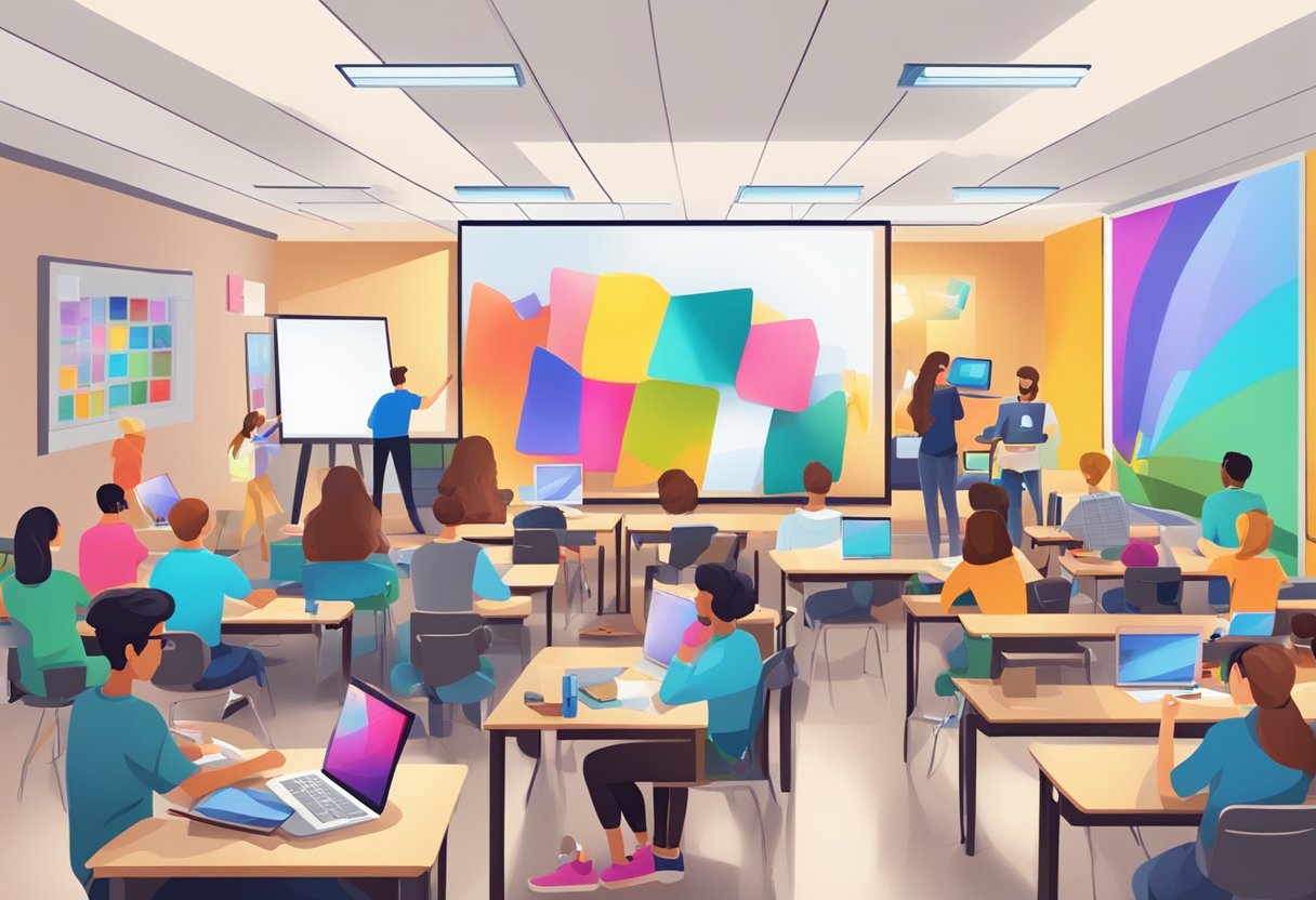 Teaching Digital Arts & Multimedia: Top 10 Classroom Activities Digital art,multimedia LearningMole A classroom setting with students engaged in various digital arts and multimedia activities, surrounded by colorful art supplies and technology tools