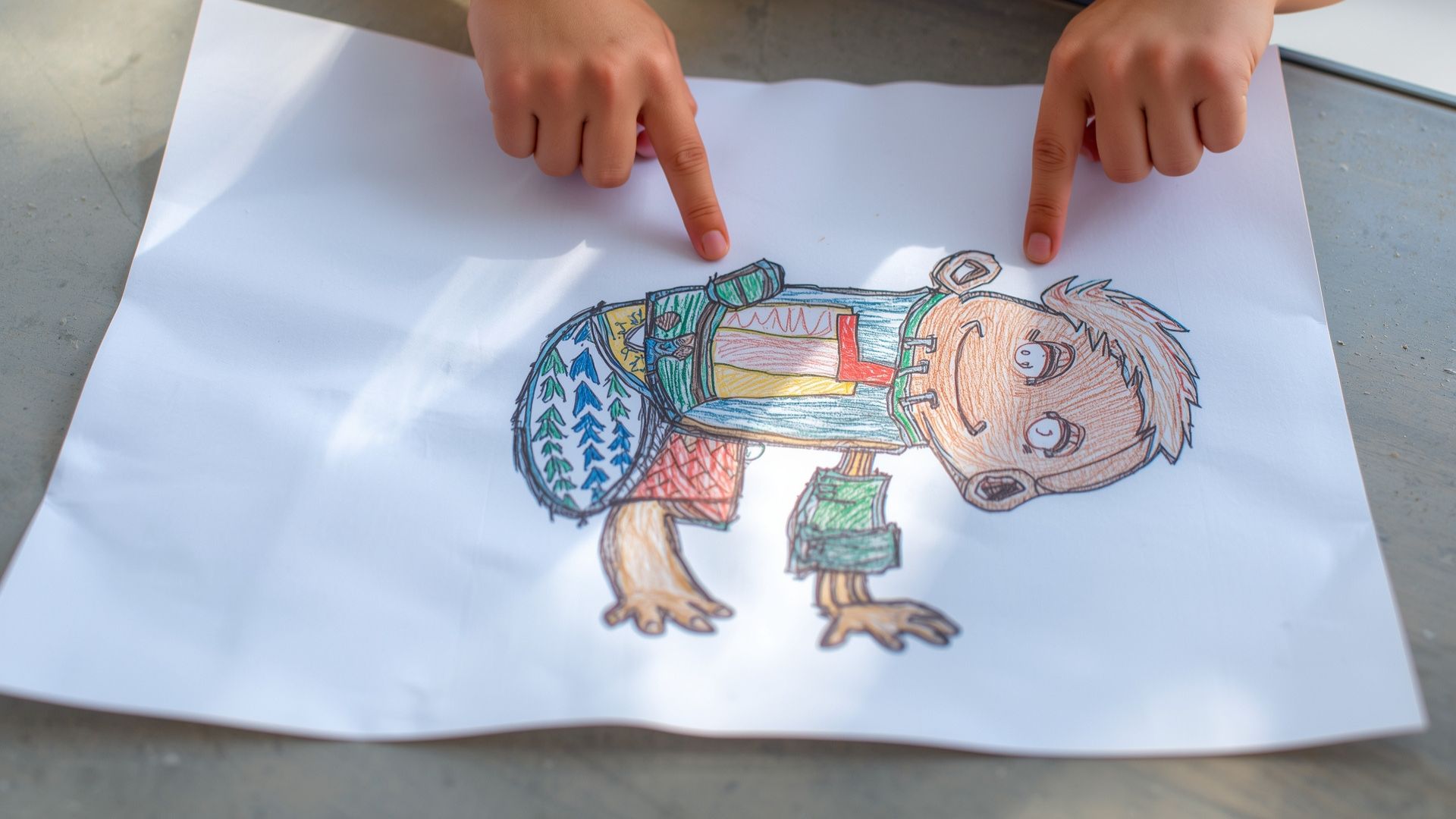 Art Projects for Parent-Child Bonding: 15 Creative Activities That Build Lasting Connections Art Projects LearningMole Completed Exquisite Corpse drawing from collaborative art projects with child's hands pointing