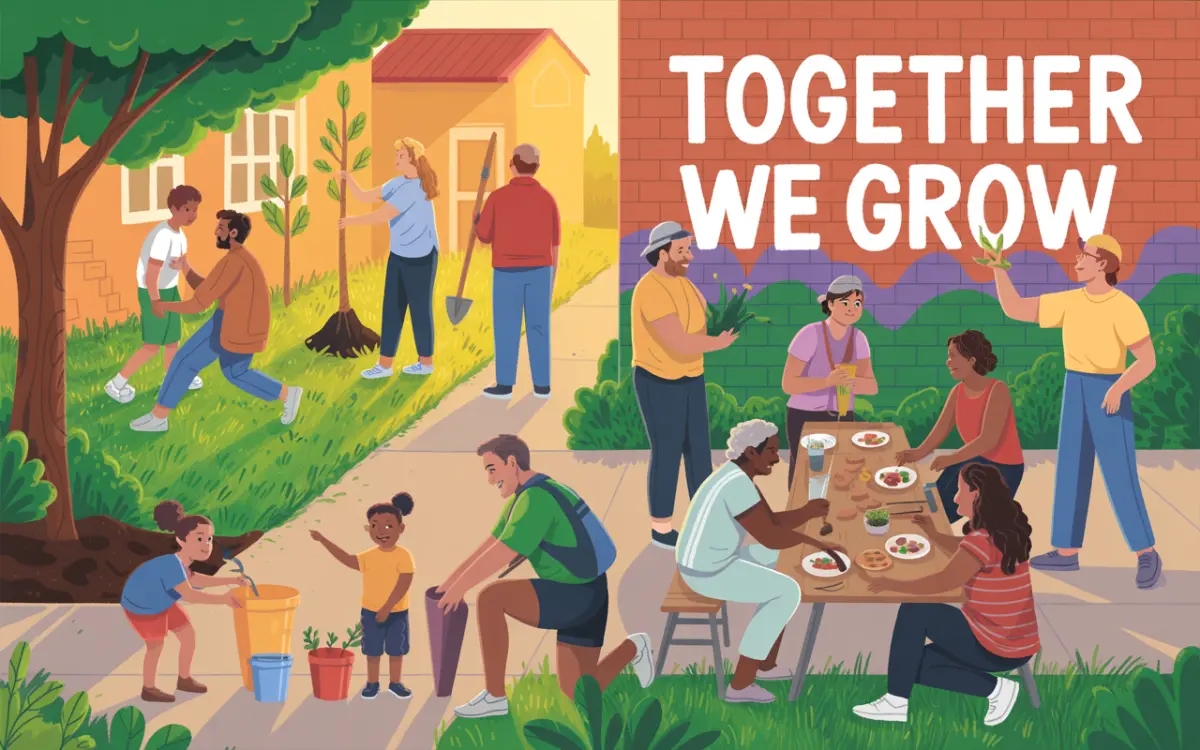 Warm illustration of community members supporting each other through recovery
