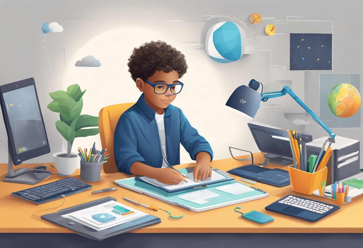 Adaptive Technology for Special Needs: Enhancing Accessibility and Independence adaptive technology,special needs,technology LearningMole Adaptive Technology for Special Needs: A child using adaptive technology at a desk with various devices and tools tailored to their specific needs