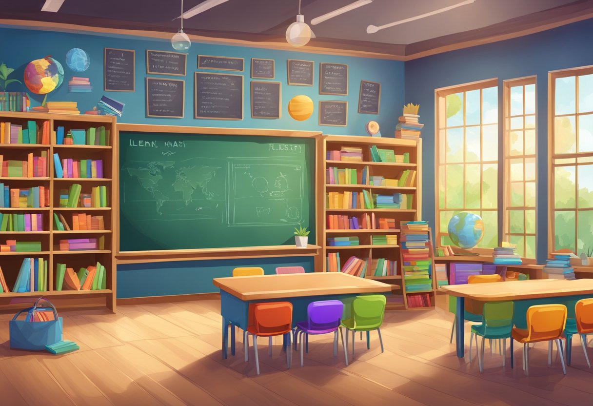Comprehensive Guide to Spelling and Vocabulary for Primary Students: Building Strong Language Skills Spelling and Vocabulary,Vocabulary LearningMole Spelling and Vocabulary: A colorful classroom with a large chalkboard displaying various spelling and vocabulary words, surrounded by shelves of books and educational posters