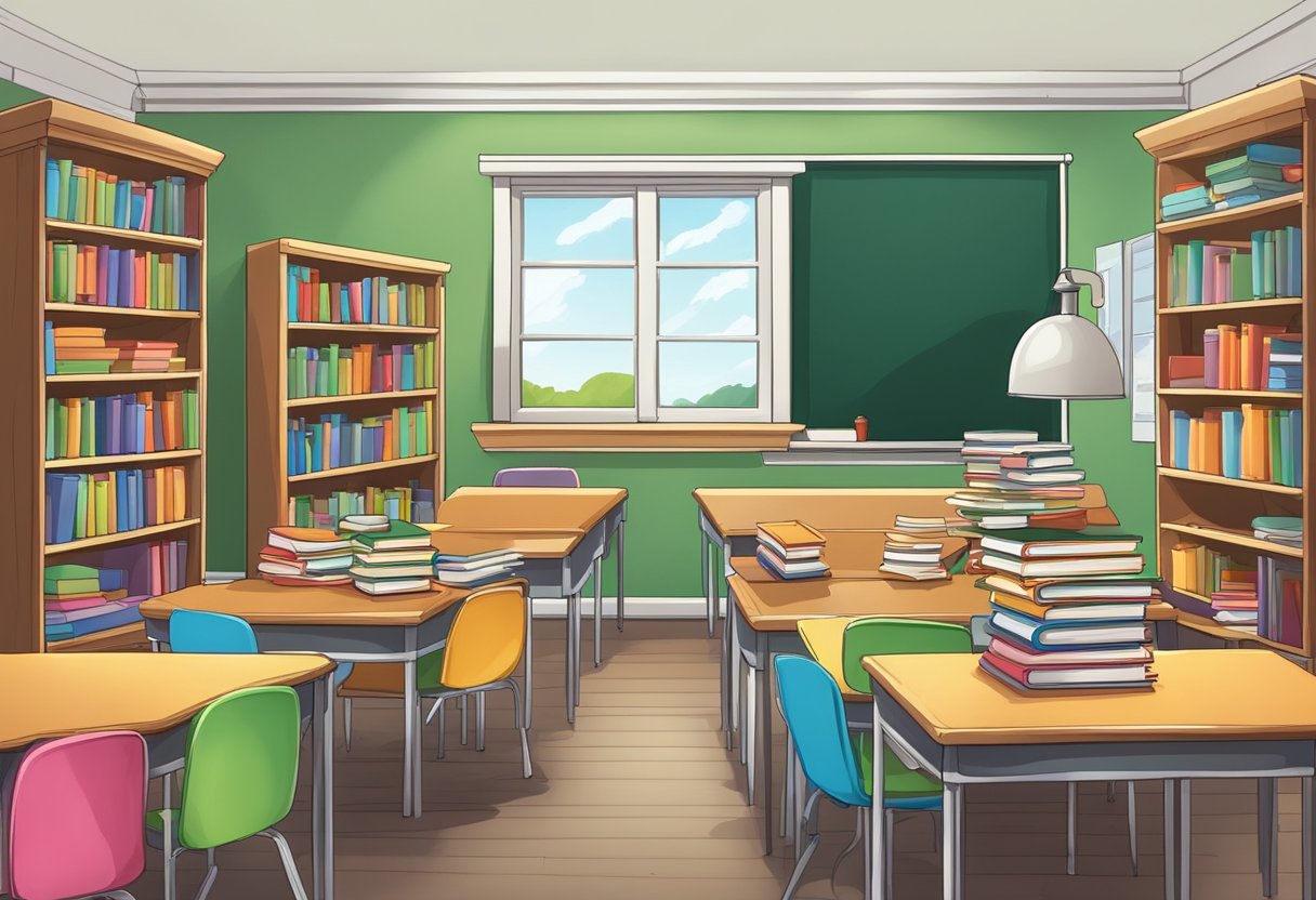 Comprehensive Guide to Spelling and Vocabulary for Primary Students: Building Strong Language Skills Spelling and Vocabulary,Vocabulary LearningMole Spelling and Vocabulary: A colorful classroom with shelves of books, a chalkboard, and a stack of spelling and vocabulary worksheets on a desk