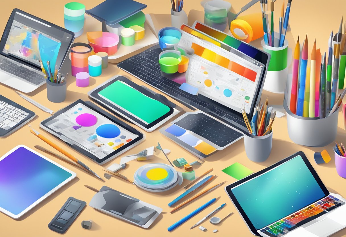 Ultimate Digital Arts & Multimedia Guide for Sparking Creativity Digital art,Multimedia LearningMole Digital art: A colorful array of digital art tools and resources, including tablets, styluses, software icons, and paintbrushes, arranged on a desk