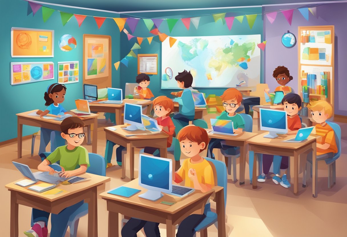 Ultimate Digital Arts & Multimedia Guide for Sparking Creativity Digital art,Multimedia LearningMole Digital art: A classroom setting with children engaging in various digital arts and multimedia activities, surrounded by colorful and interactive technology tools and resources