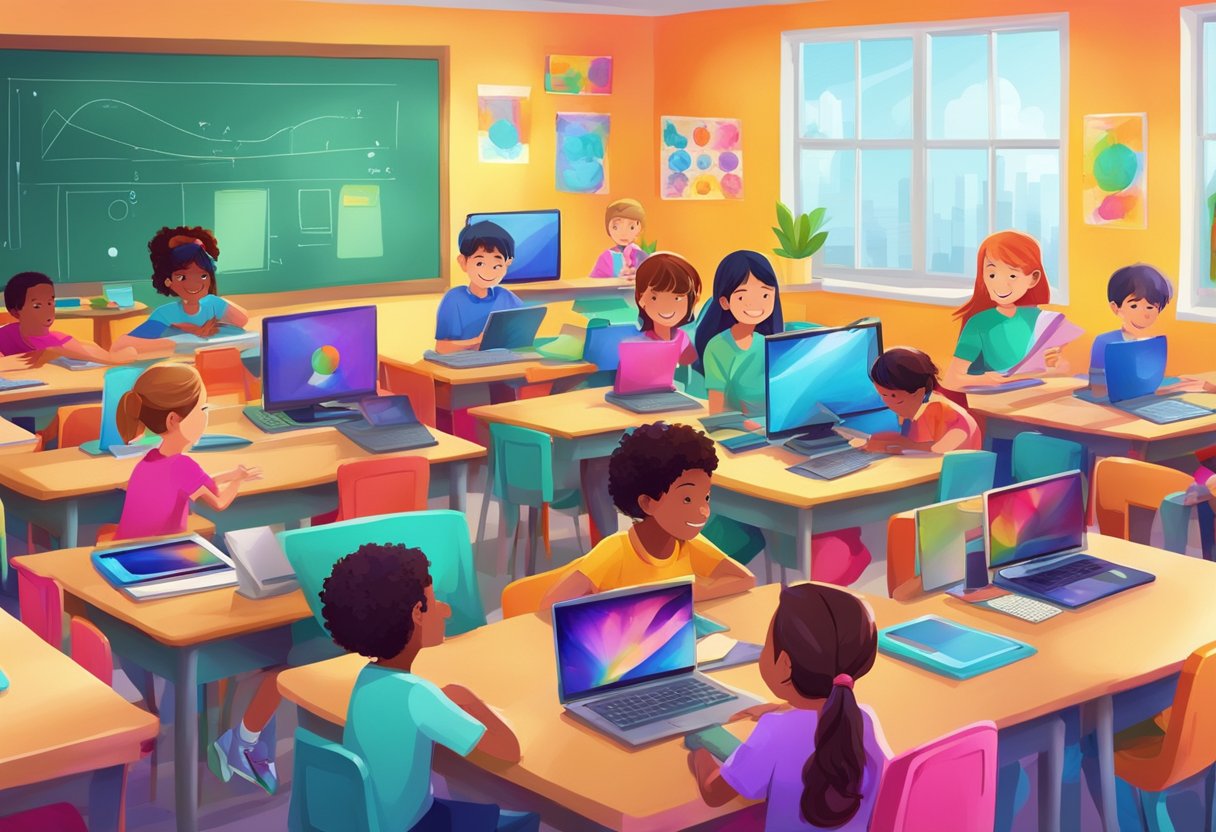 Ultimate Digital Arts & Multimedia Guide for Sparking Creativity Digital art,Multimedia LearningMole A group of primary students engaged in collaborative digital arts and multimedia projects, using various tools and devices in a colorful and vibrant classroom setting