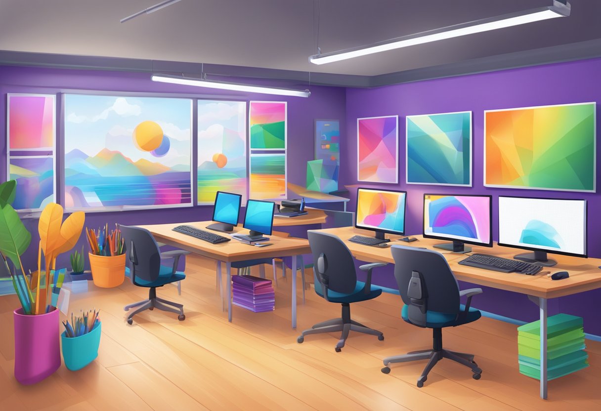 Ultimate Digital Arts & Multimedia Guide for Sparking Creativity Digital art,Multimedia LearningMole A colorful and engaging digital arts classroom with various multimedia tools and resources, including computers, tablets, art supplies, and interactive displays